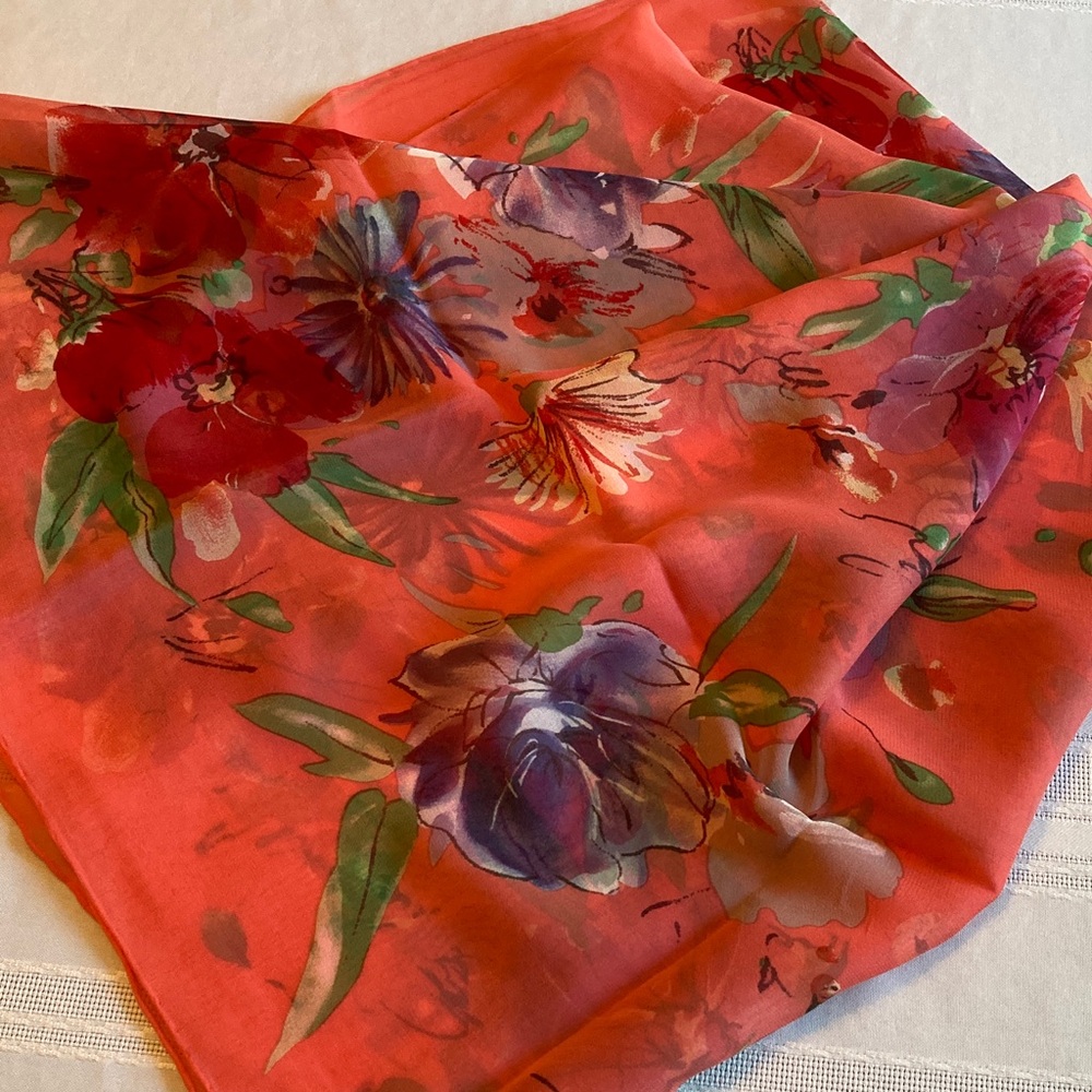 Floral Shear Silk Scarf - Red, Blue Orange and Purple 35x35”